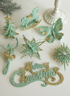 新款圣诞节装饰品绿色蝴蝶挂饰圣诞树挂件欧式塑料布置用品现货