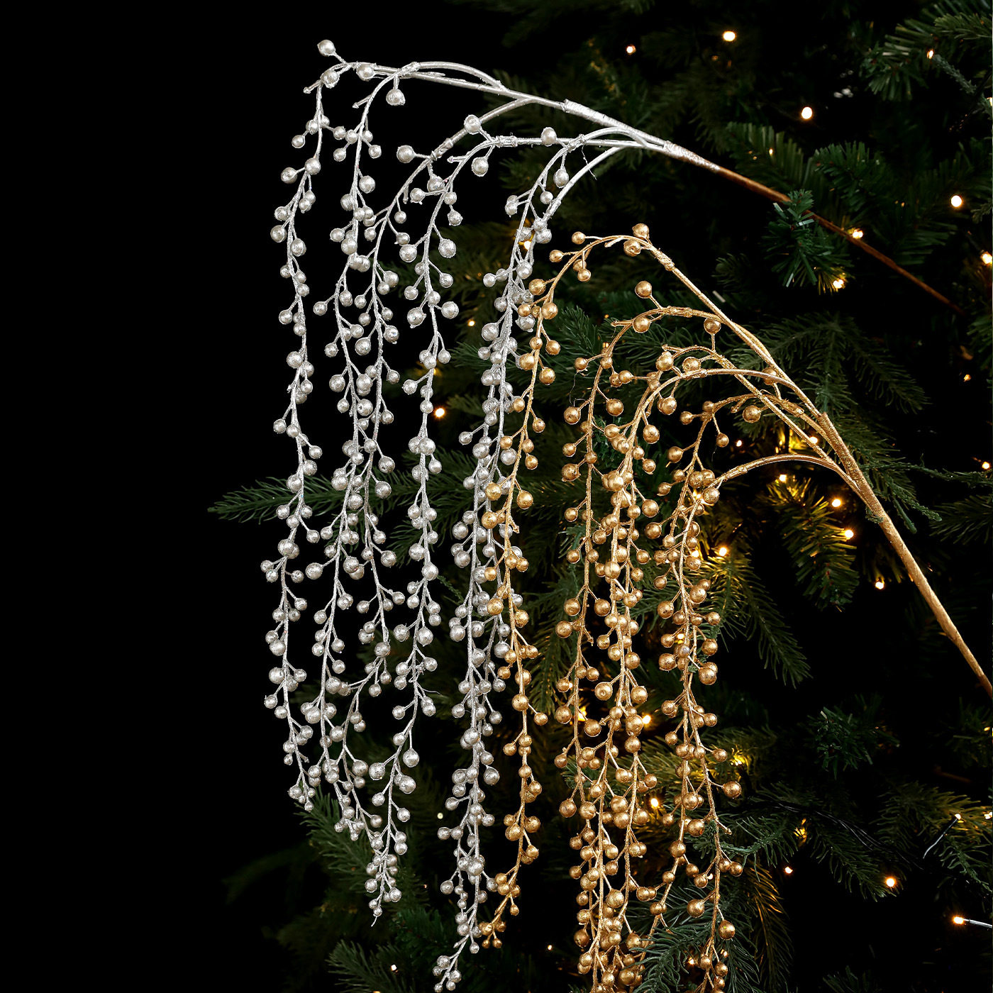 新款粘粉插枝插花仿真果子柳枝树枝珠串圣诞树花环藤条装饰用品