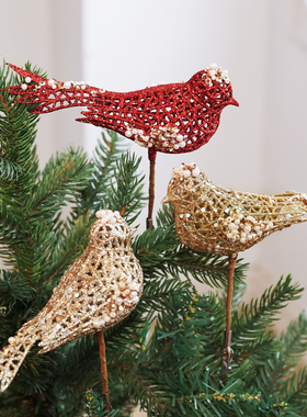 圣诞装饰品粘粉亮片珍珠小鸟挂件红色金色圣诞树装饰新款配饰