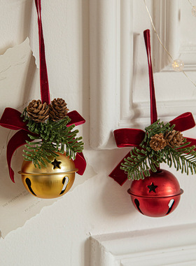 圣诞红色丝绒蝴蝶结铁艺铃铛挂件场景布置吊饰圣诞树装饰门挂