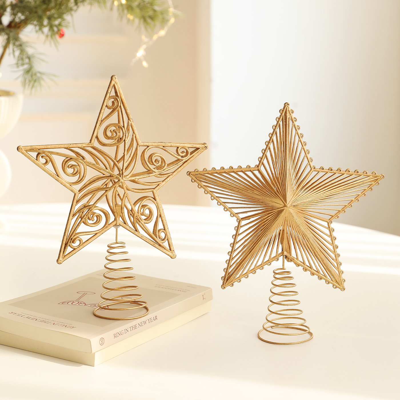 圣诞树装饰星星金色镂空花纹五角星树顶星圣诞树顶部装饰弹簧底座