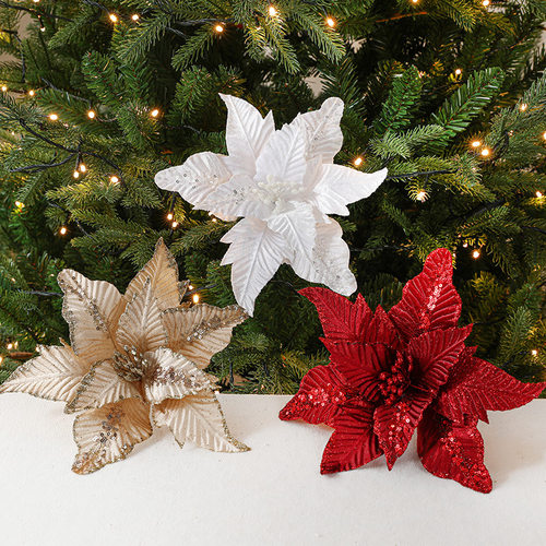 新款仿真闪粉植绒圣诞花圣诞节圣