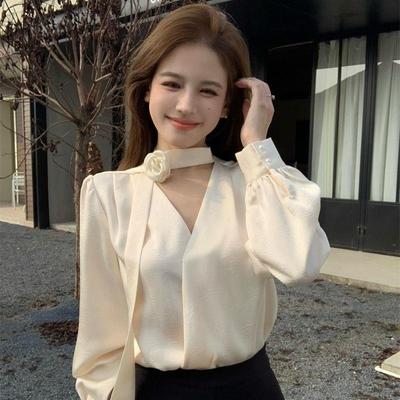 玫瑰胸花飘带衬衫女2024秋装新款职业通勤法式气质V领长袖上衣