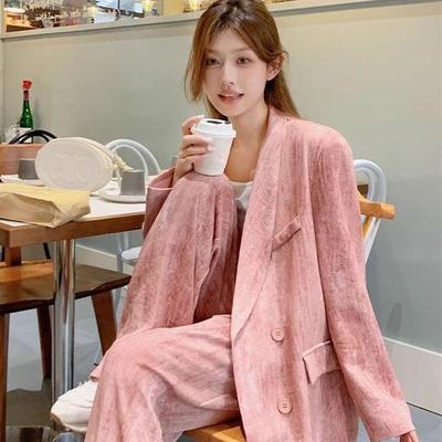 2025春季新款韩版休闲两件套扎染V领设计感西装外套高腰直筒裤女