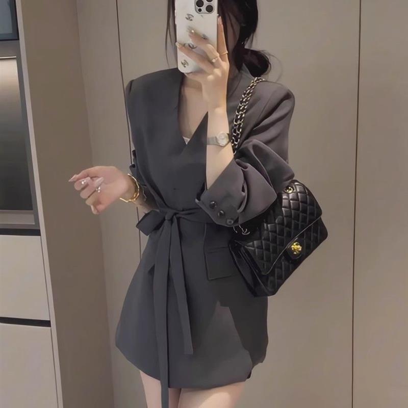 西装外套女2025新款小个子春秋款飘带高级感开春休闲绑带v领西服