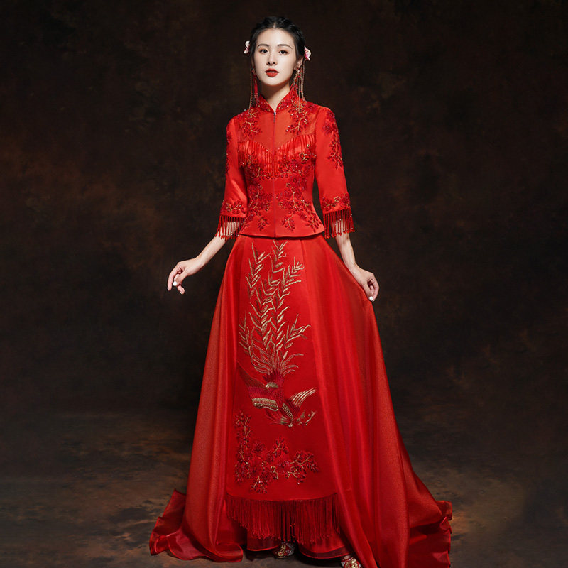ninading结婚秀禾服2021新款红色出阁服中式拖尾新娘嫁衣敬酒礼服