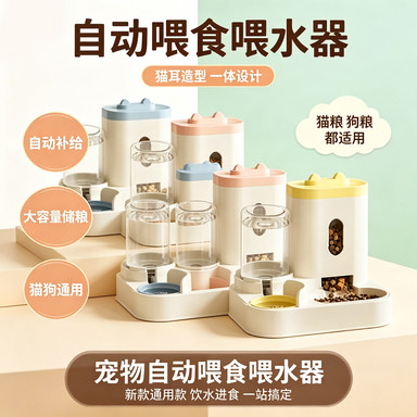优选新款自动猫耳喂食喂水器狗碗猫粮猫盆通用款饮水一体宠物用品