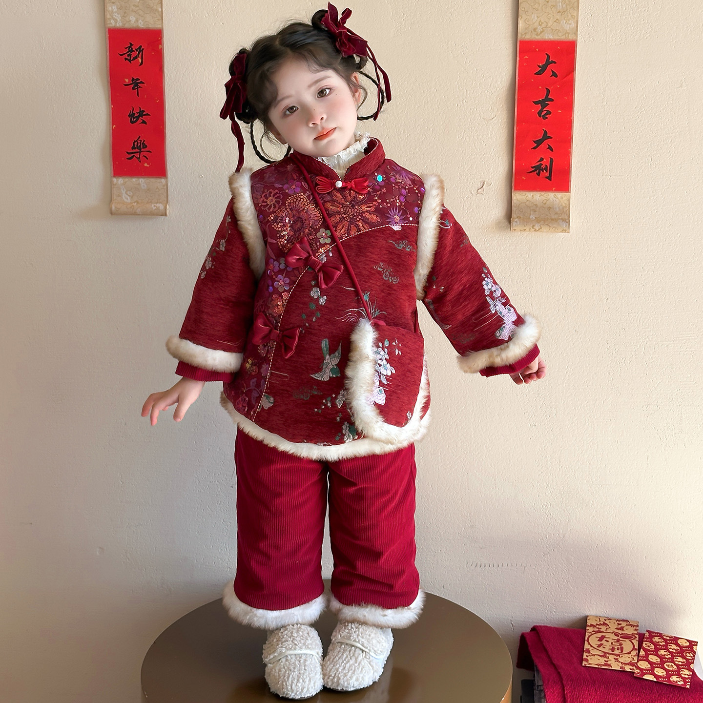 女童新年国风套装冬季儿童唐装汉服宝宝过年衣服女孩秋冬款拜年服