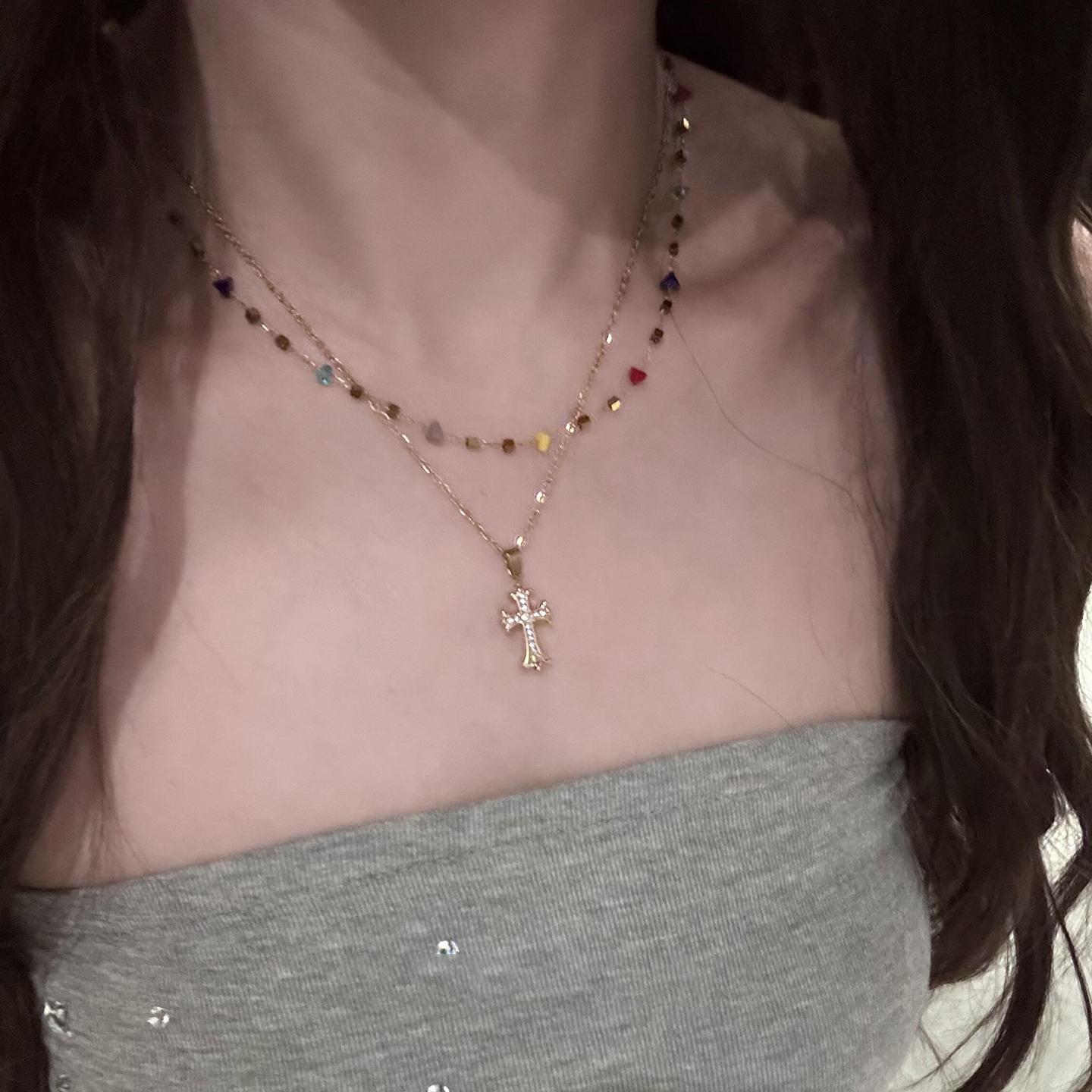 复古金色十字架叠戴吊坠项链