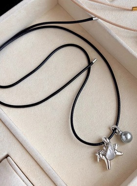 小木马皮绳吊坠项链秋冬长毛衣链