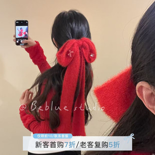 新年红色针织毛线蝴蝶结发夹女高颜值后脑勺发卡超大氛围感发饰