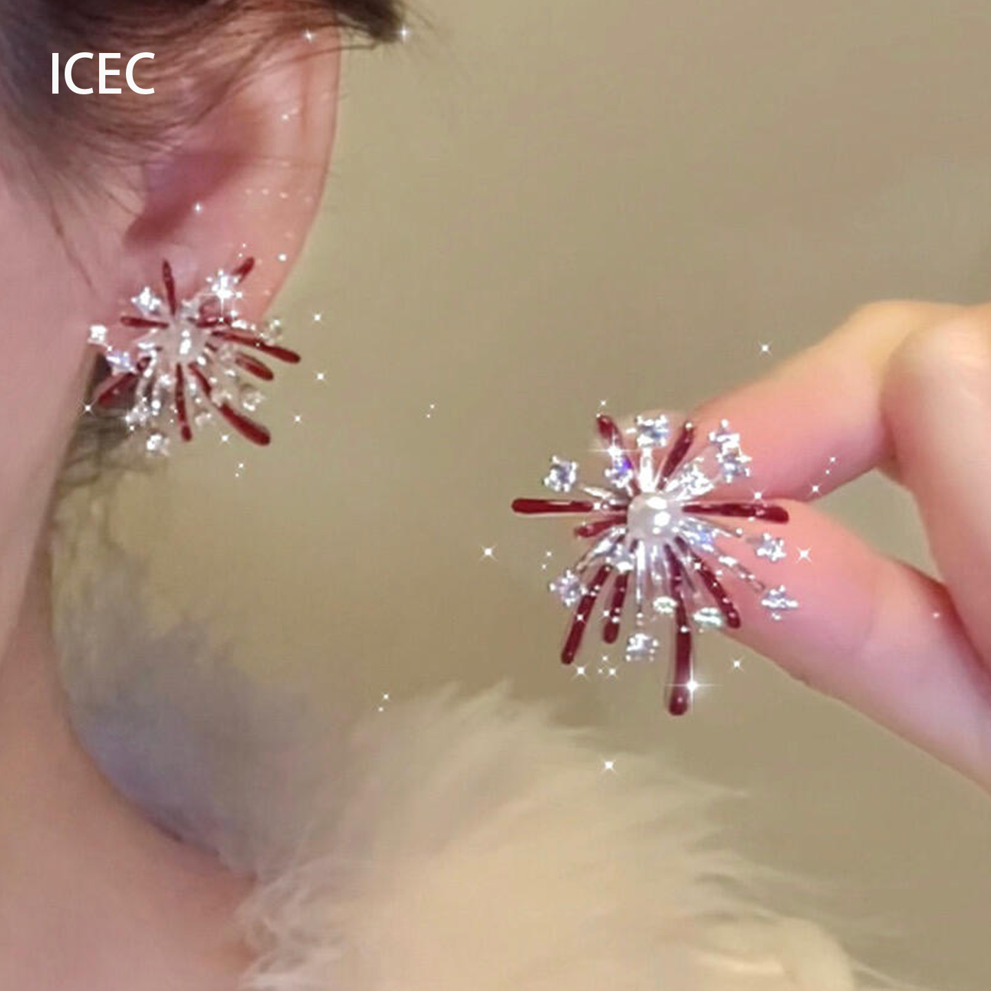 爆闪红色滴油烟花仿珍珠耳钉