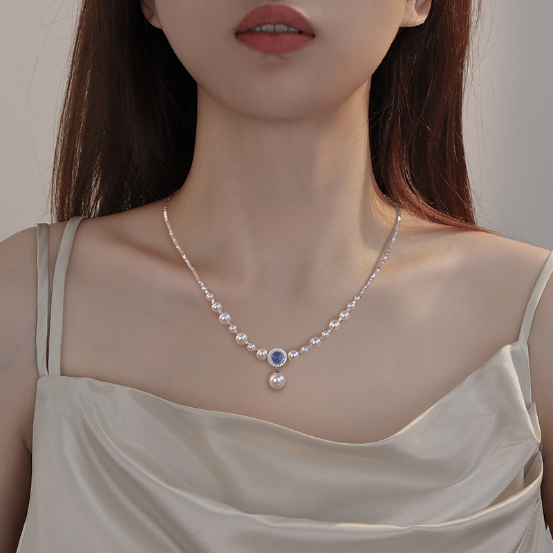 S925纯银海蓝宝碎银子珍珠项链女