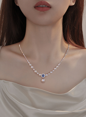 S925纯银海蓝宝碎银子珍珠项链女