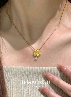 金色拉丝百合花水滴闪钻项链女