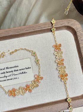 足银999.9描金珐琅彩蝴蝶花形手链新中式宫廷风精致送女友