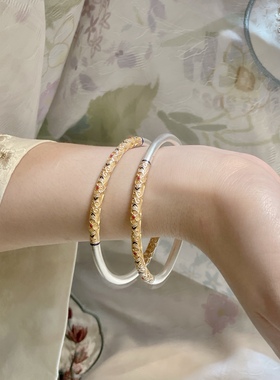 足银999.9描金珐琅彩如意花闭口手镯国潮风新中式送女友