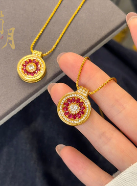 久不掉色沙金镶钻玫瑰花窗吊坠项链八宝罗盘花丝圆盘坠链个性饰品