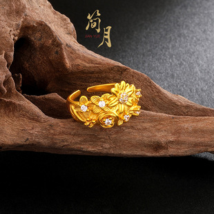 久不掉色金店同款新中式古法沙金点钻繁花锦簇戒指女小雏菊指环