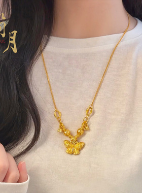 古法錾刻沙金点钻蝴蝶钱币飞碟珠子项链复古铃兰花实心福蝶毛衣链