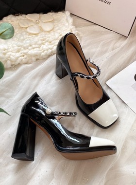 2024年新款浅口单鞋牛皮真皮粗高跟防水台方头一字带黑色气质女鞋