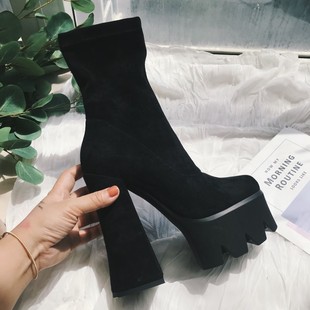 秋冬新款粗高跟防水台短靴恨天高黑色性感厚底磨砂弹力靴女鞋15cm