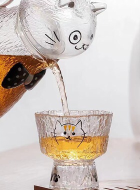 创意猫咪水晶茶杯家用高足品茗杯玻璃茶点杯新中式盏高档耐热茶杯
