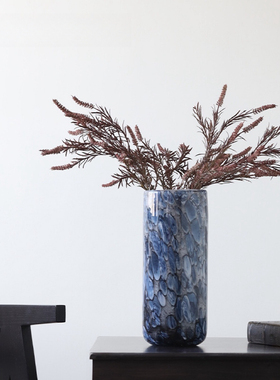 蓝色大理石鹅卵石直筒柱状水培玻璃花瓶家居花器软装饰