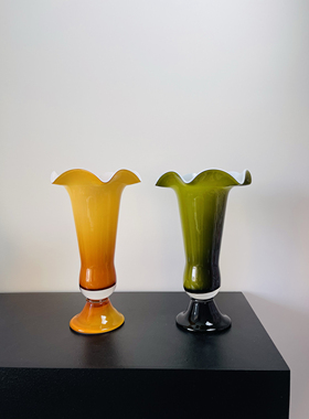 法式复古玻璃花瓶高级感家居摆件绿色奶茶棕鲜花餐桌插花水培花器