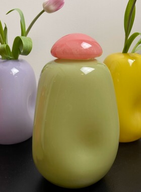 高级器皿透奢客厅鲜花插花异形玻璃复古花瓶摆件多巴胺紫绿黄粉色