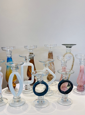 中古风烛台外贸出口手工玻璃烛台摆件红灰绿色家用装饰水晶
