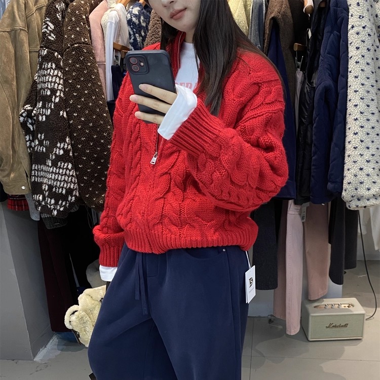 L少女 Doubleseven立领复古麻花毛衣外套 秋冬设计感针织开衫上衣