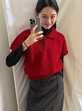 L少女 DEAR.XI 韩系氛围感针织衫 棒针翻领短袖毛衣小个子