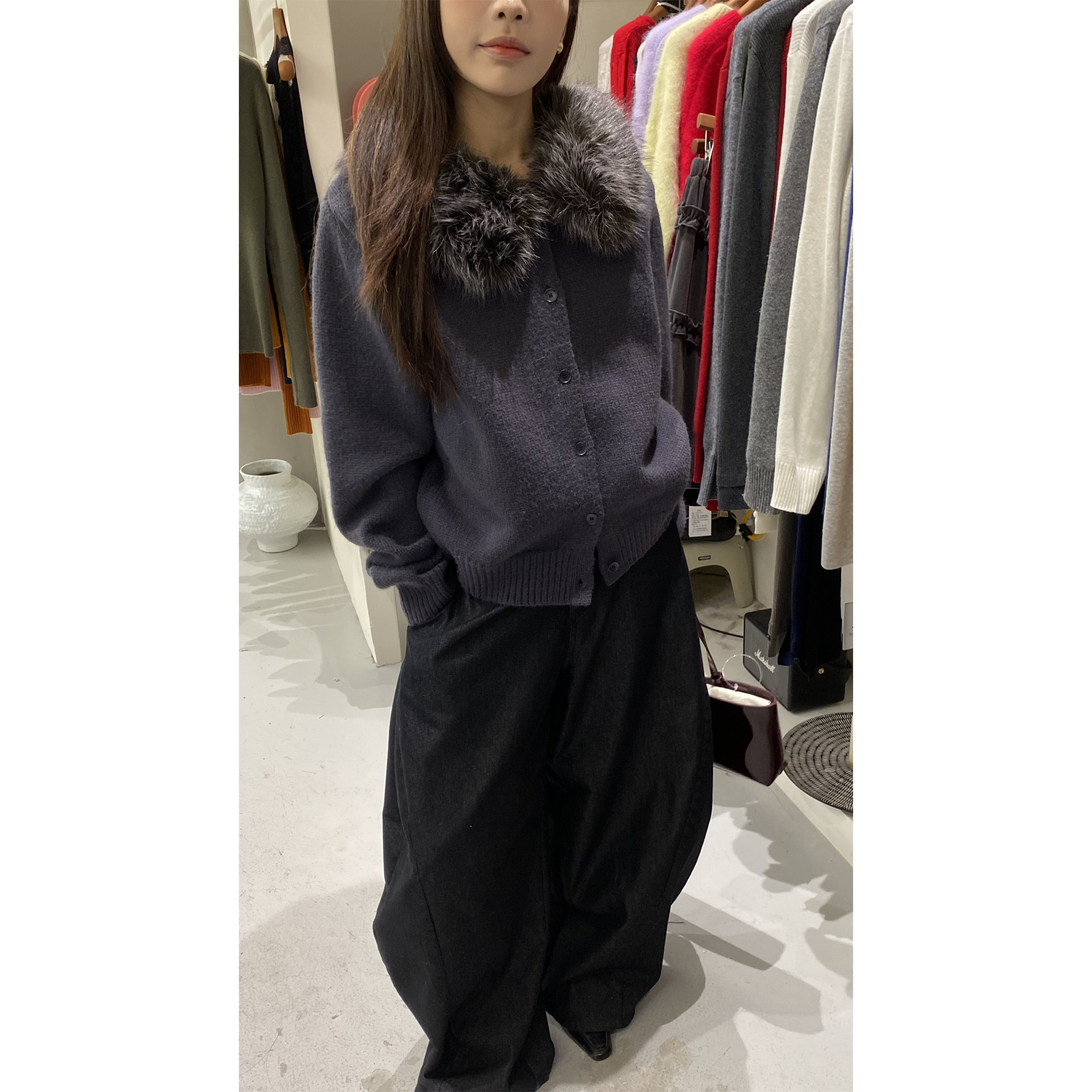 L少女 Doubleseven韩系氛围感秋冬毛领气质针织开衫毛衣女外套