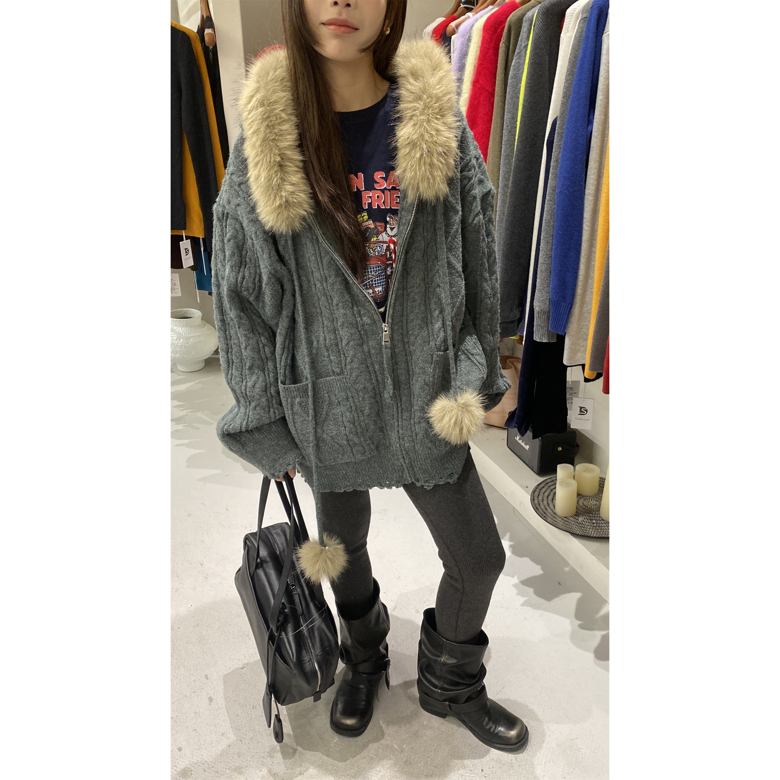 L少女 Doubleseven复古大毛领可拆卸麻花毛衣外套女秋冬针织开衫