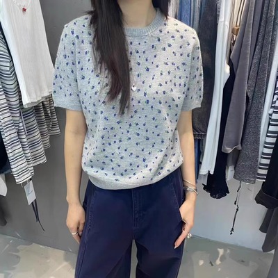 L少女 doubleseven复古圆领碎花针织衫女短袖修身设计感减龄上衣