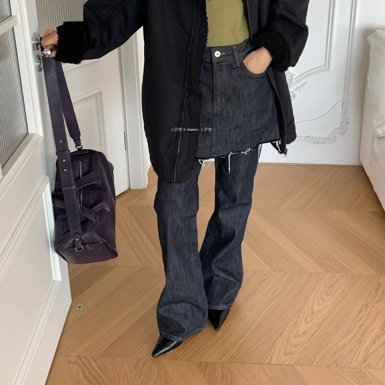 L少女 waitmore假两件毛边屁帘牛仔裤女百搭微喇裤休闲长裤Z7725