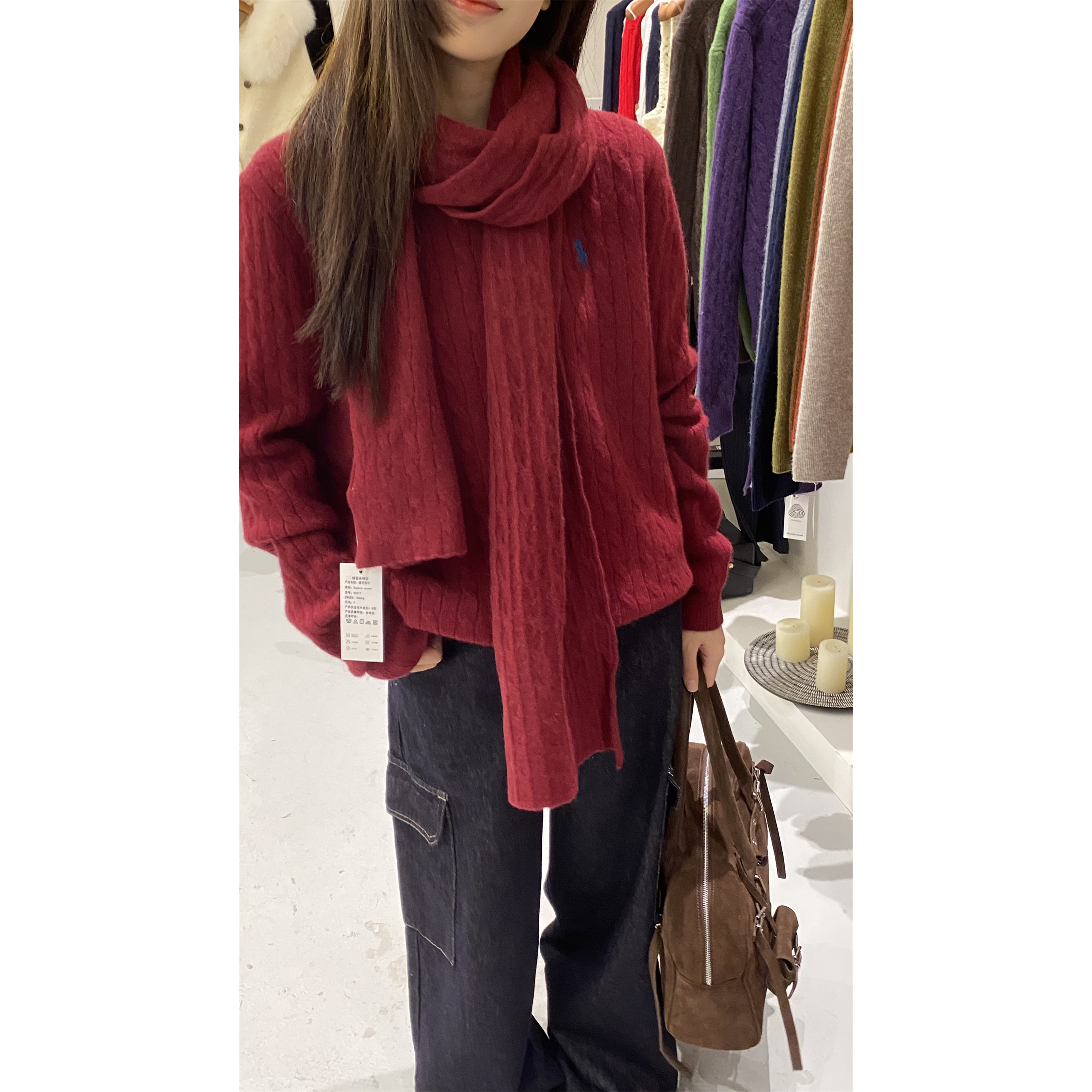 L少女 Doubleseven 基础款 秋冬季设计感麻花羊毛针织毛衣+围巾