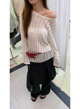 L少女 doubleseven斜领薄款长袖针织衫女亚麻度假风上衣89743