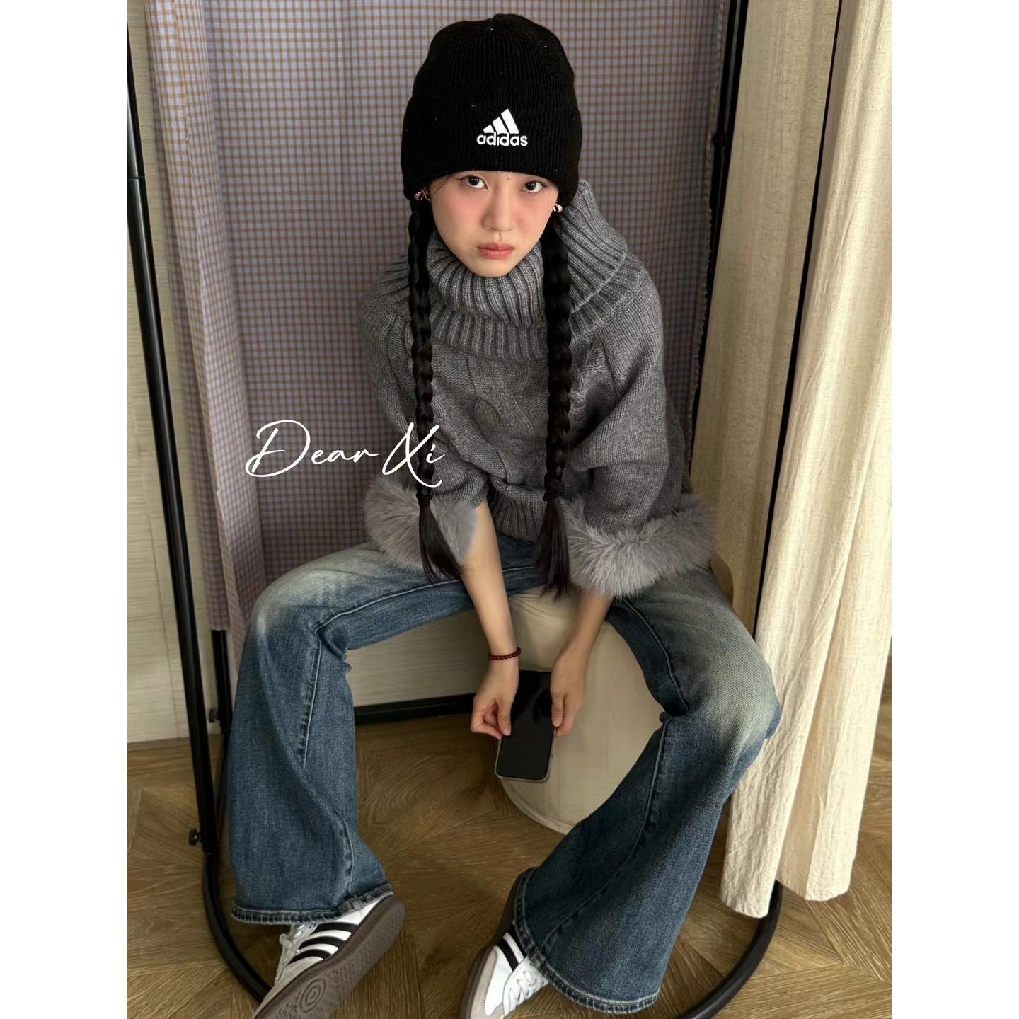 L少女 DEAR.XI 古早韩味 毛毛拼接袖子针织衫高领麻花套头毛衣