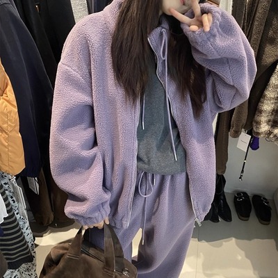 L少女 Tessbrii 实用套装！奶fufu立领羊羔毛卫衣外套+卫裤两件套