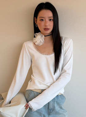 L少女 waitmore蕾丝拼接U领华夫格打底Tee 圆领宽松T恤上衣500626
