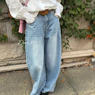 DEAR.XI 26067 配腰带 百搭水洗牛仔裤 复古宽松高腰阔腿裤 L少女