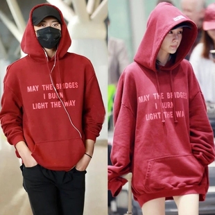 纯棉加绒宽松帽衫 秋冬新款 情侣款 潮超炫酒红连帽卫衣潮男女装 美式