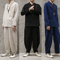 Quần áo nam kiểu Trung Quốc vải lanh Tang phù hợp với dịch vụ thiền định áo choàng nằm cải tiến kiểu cổ Hanfu hai mảnh - Bộ đồ pijama nam