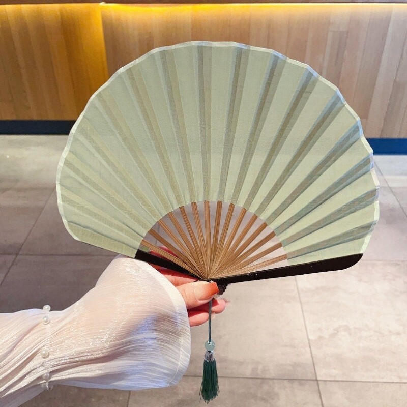 纯色贝壳扇子复古折叠小扇子棉麻布便携女配旗袍古风夏天纳凉竹扇