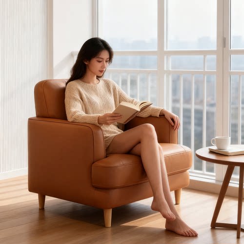 北欧极简单人沙发椅客厅阳台休闲椅奶油风现代简约懒人真皮沙发椅
