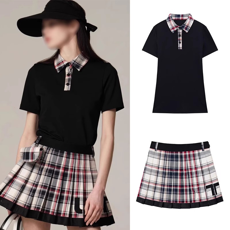 韩国高尔夫女士套装夏季翻领格子拼色短袖运动凉感舒适弹力短裙潮