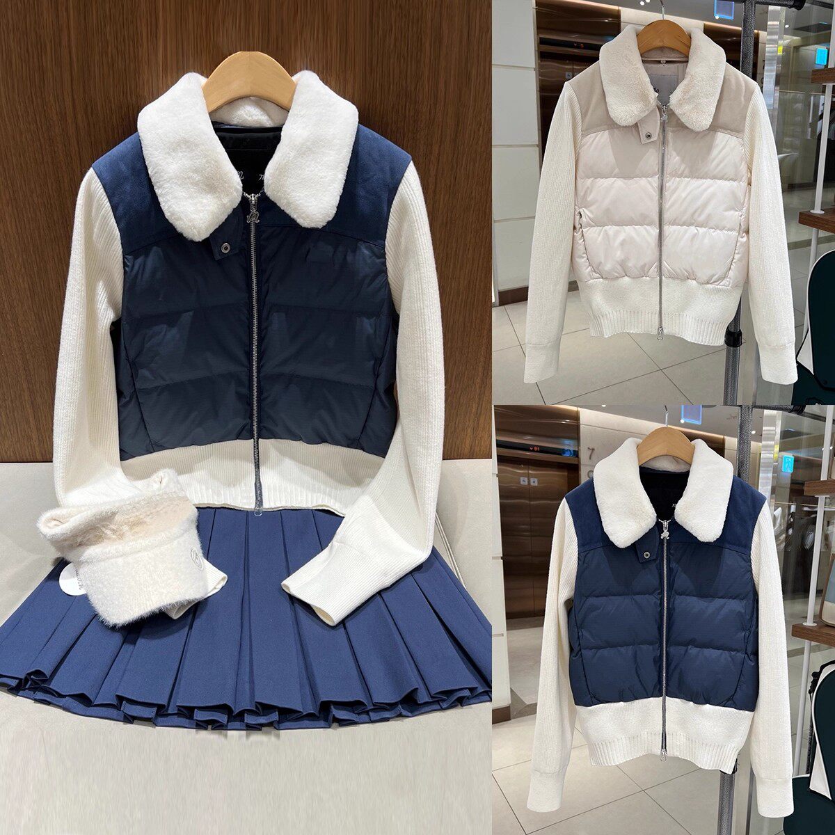 25高尔夫女士拼色温柔韩系风毛领拼接针织袖撞色羽绒服冬季外套