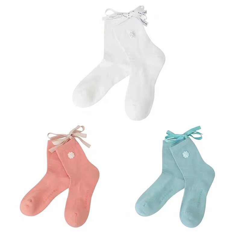 新款四季韩国高尔夫女士刺绣系带蝴蝶结短袜糖果色运动休闲球袜